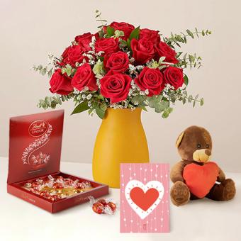 Red Love: rosas, chocolates, cartão e ursinho de pelúcia