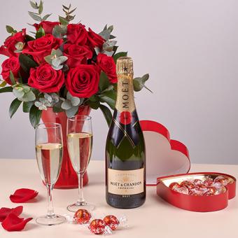 Lover's Delight : Red Roses, Moet & Chandon and Chocolates