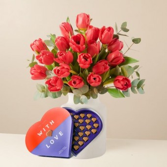 Passionate Heart: Red Tulips and Chocolates