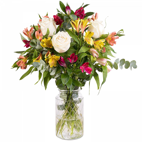 Arcoíris: rosas blancas y alstroemerias