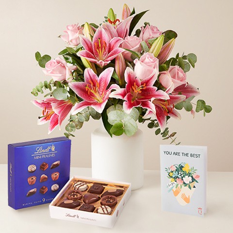 Product photo for Sweet Bloom: Pink Lilies, Mini Pralines and Card