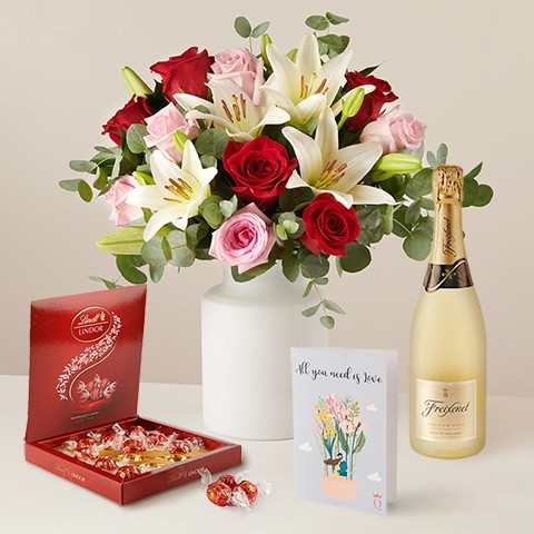 Product photo for Best Wishes: Roses and Lilies, Cava, Chocolates and Card