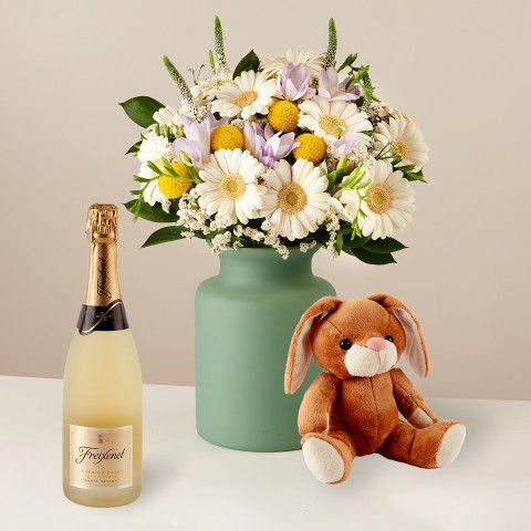 Product photo for Vast Affection: Bouquet of Freesias and Limonium with Cuddly Toy