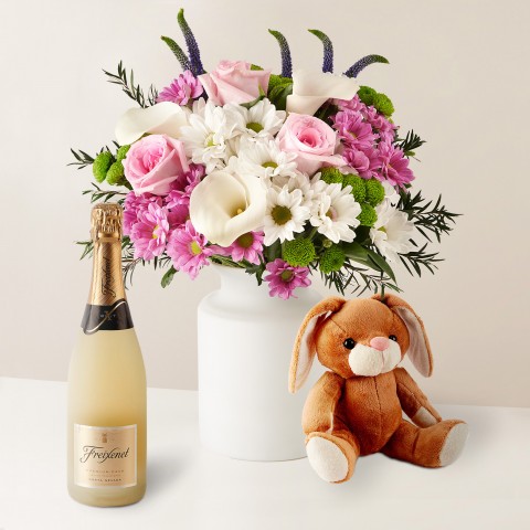 Product photo for Shiny Innocence : Bouquet de Chrysanthèmes et Roses avec Peluche
