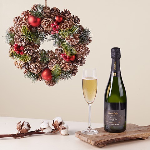 Product photo for Festive Fizz: Christmas Wreath and Sparkling Wine