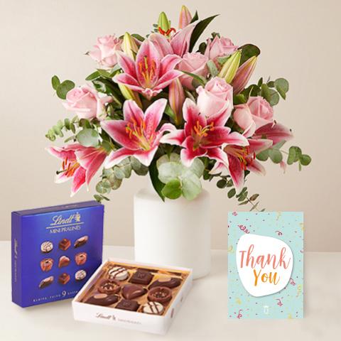 Product photo for Sweet Bloom: Pink Lilies, Mini Pralines and Card