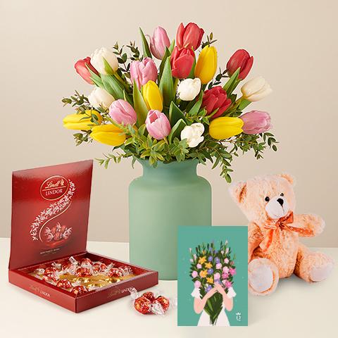 Product photo for Spring Feast: Tulips, Chocolates, Teddy Bear and Card