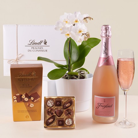 Product photo for Dolce Fascino: Mini Orchidea, cioccolatini e Cava Rosé